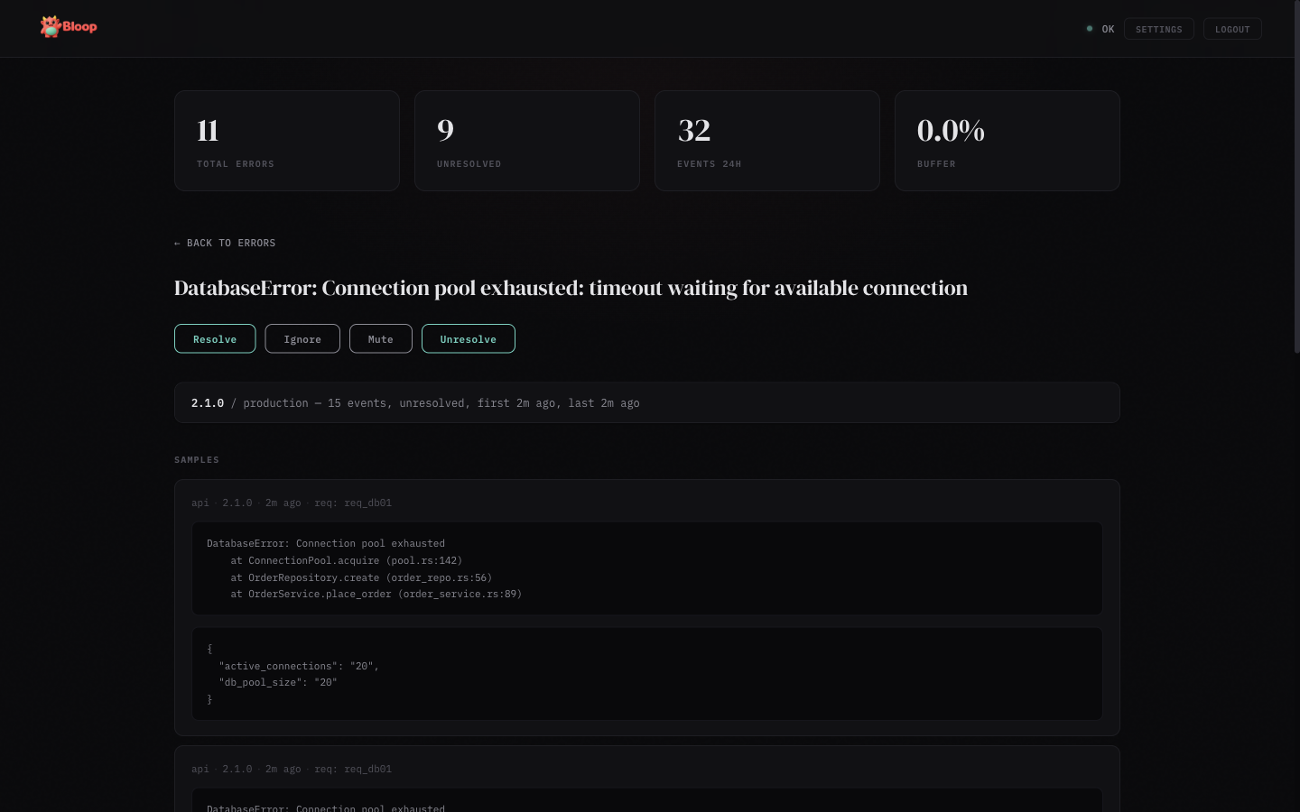 Error detail panel showing stack trace, metadata, and action buttons
