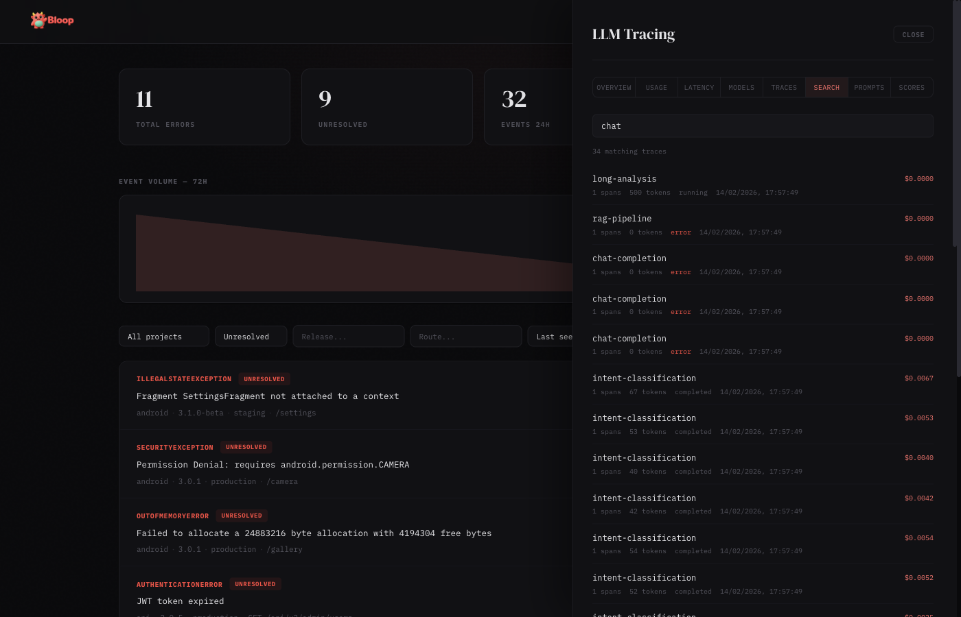 LLM Search tab with full-text search across trace names and content