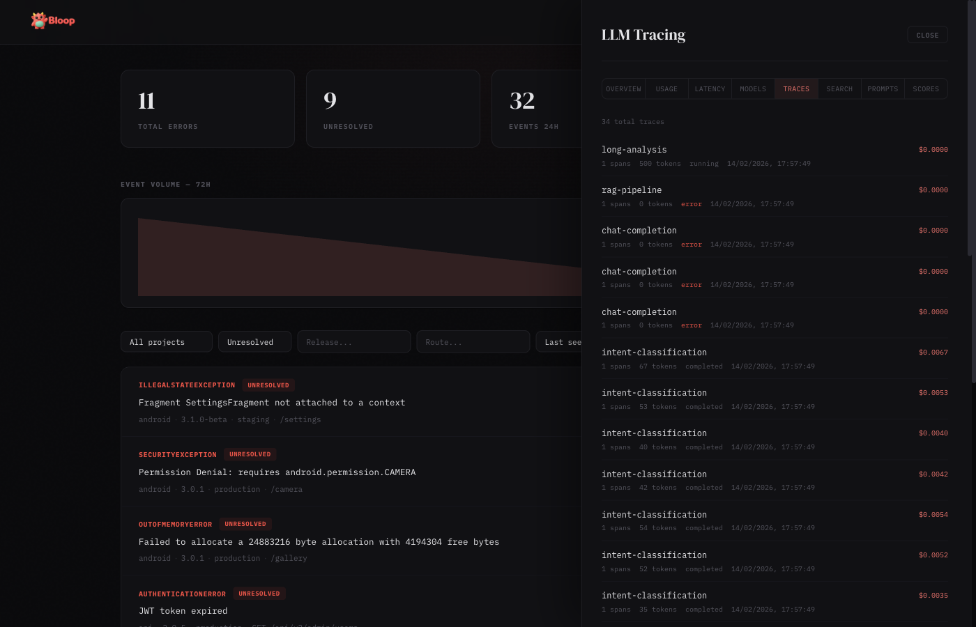 LLM Traces tab showing paginated trace list with expandable span details